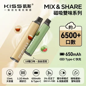 KIS5 凱斯 MIX & SHARE 磁吸雙味系列 一次性電子煙 6500口 13mL 1.2Ω Mesh 型別-C可充電 18種口味